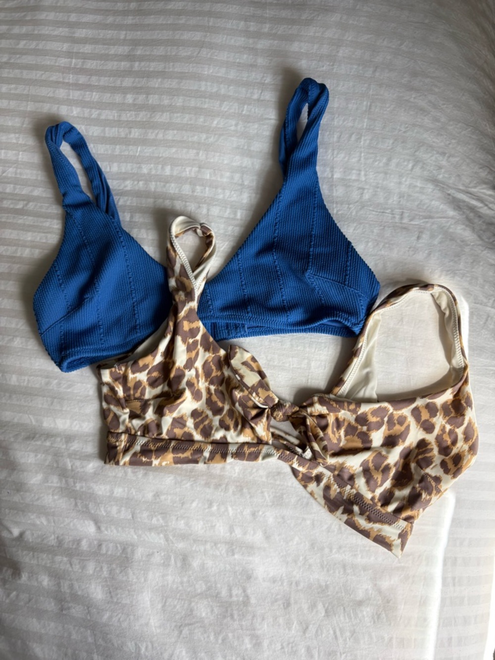 aerie Blue Bikini Top + Brown Leopard Print Bikini Top